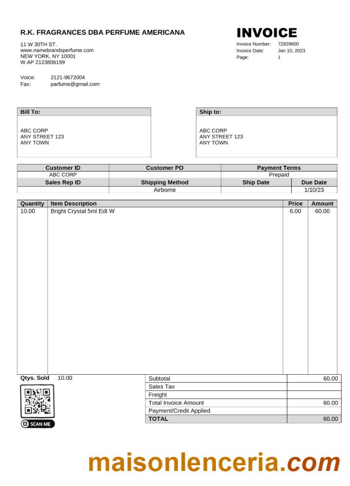 USA R. K. Fragrances DBA Perfumy Americana faktura słowo i szablon PDF